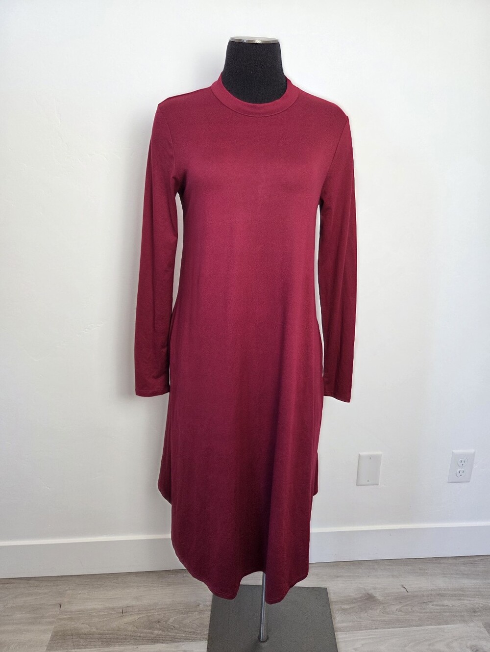 Red Jersey Midi Swing Dress Maroon High Neck Long Sleeve Modest Teacher Small